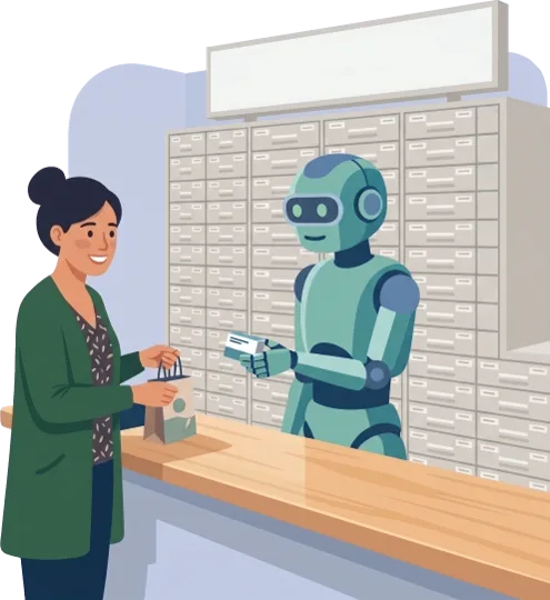 Eine Kundin am Tresen einer Apotheke, dahinter ein Roboter vor einer Wand voller Medikamentenschubladen.