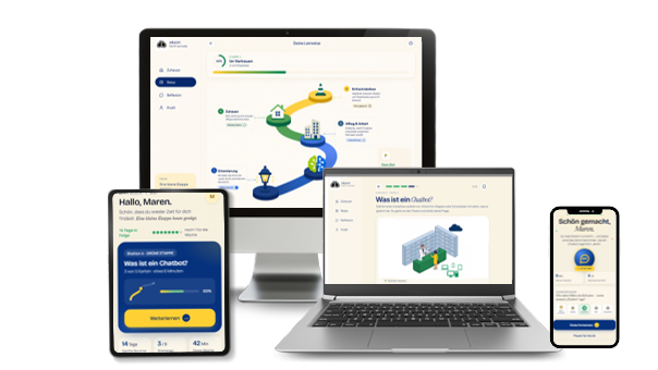 KI-Lernreise-App auf Desktop, Tablet, Laptop und Smartphone